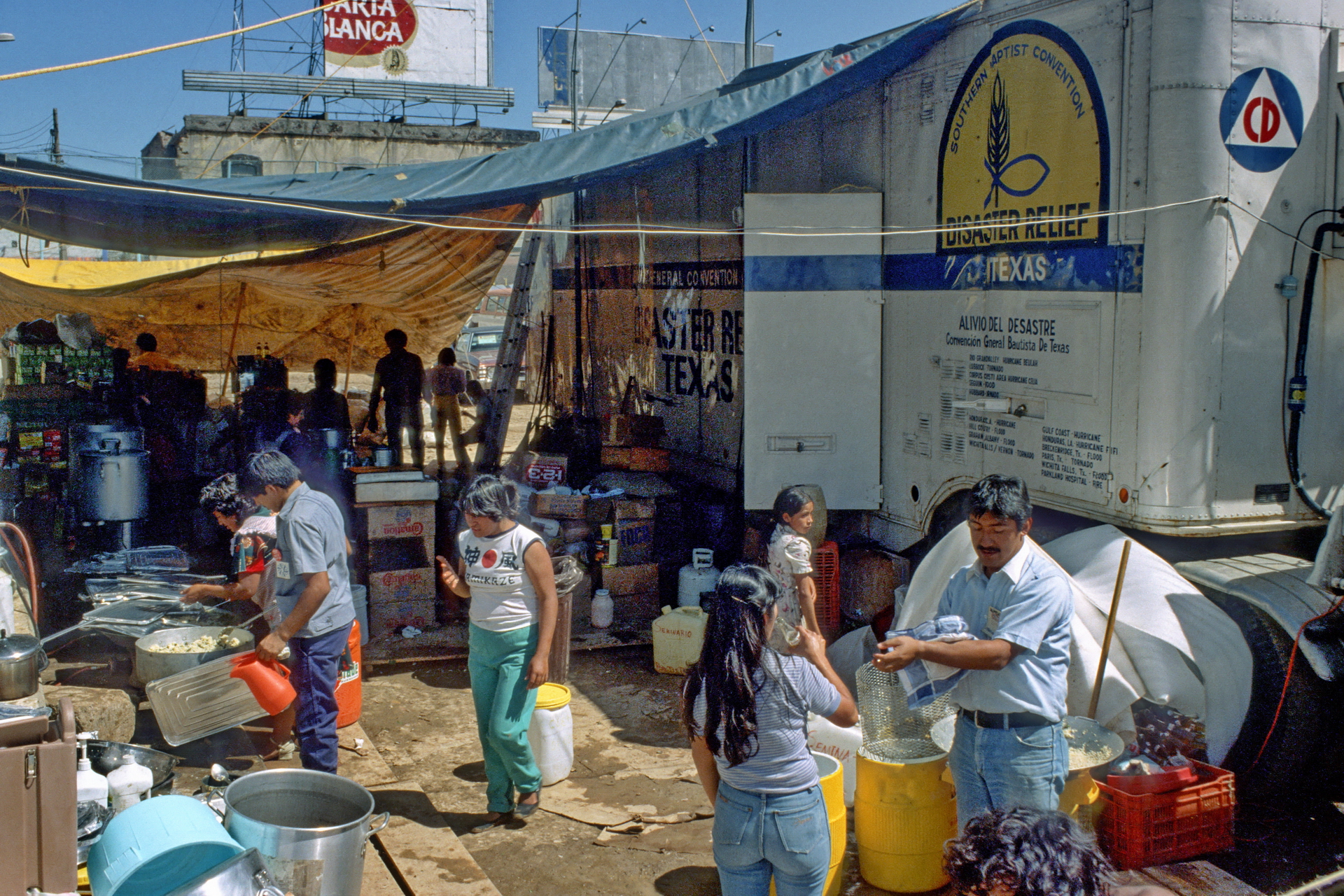 The working area behind the mobile kitchen unit.